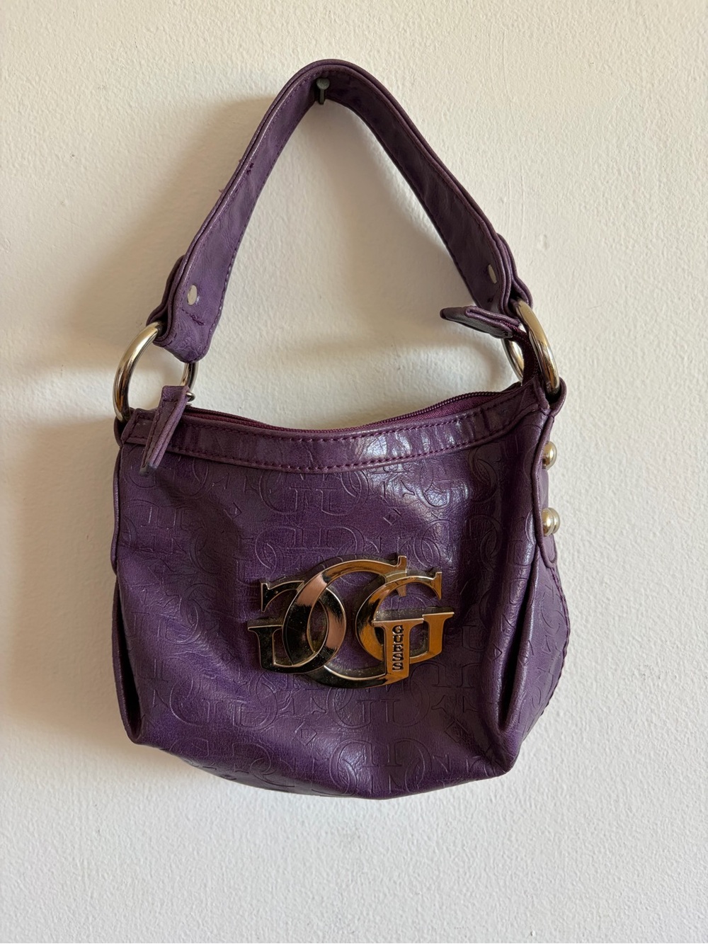 Vintage Y2K Guess Purple Monogram Mini Hobo Shoulder Bag Silver G Logo
